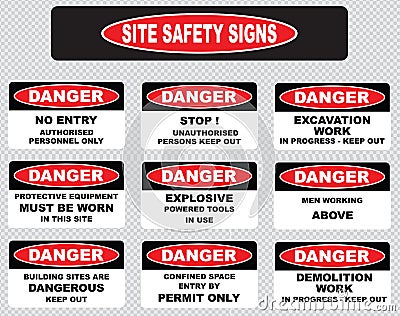 Arious danger sign, site safety signs Stock Photo