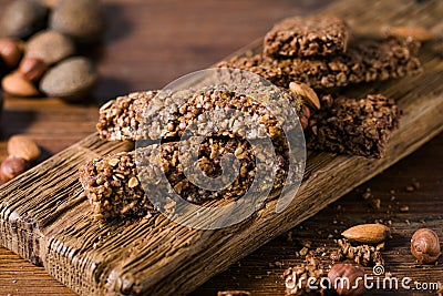 Arious healthy granola bars muesli or cereal bars. Set of energy, sport, breakfast and protein bars Stock Photo