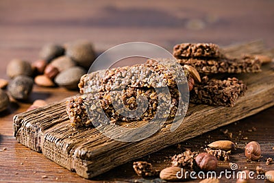 Arious healthy granola bars muesli or cereal bars. Set of energy, sport, breakfast and protein bars Stock Photo