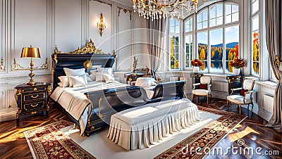 Aristocratic chic living room interior with large windows and nature views, aristocratic rich palace design, Cartoon Illustration