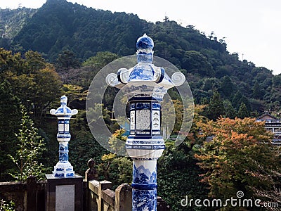 Japanese lanterns made of porcelain at historic Tozan shrine famous for its ceramic art Editorial Stock Photo