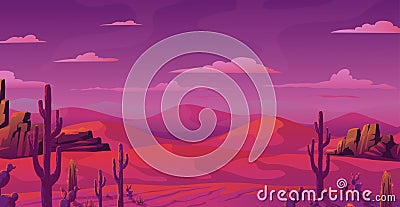 Arizona desert landscape. Sunset dusk. Mountains scenery. Cactus in hot prairie lands. Pink canyon game scene. African Vector Illustration