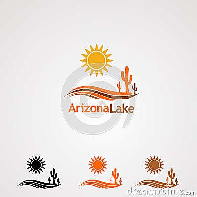 Arizona lake with sun dan tree cactus logo vector, icon, element, and template for company Vector Illustration