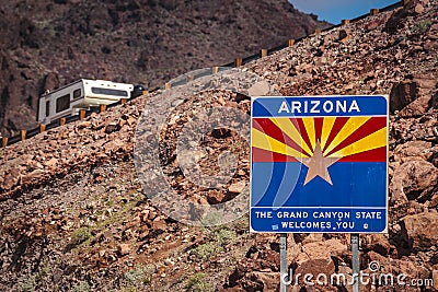 Arizona sign at Hoover Dam on the border with Nevada Editorial Stock Photo