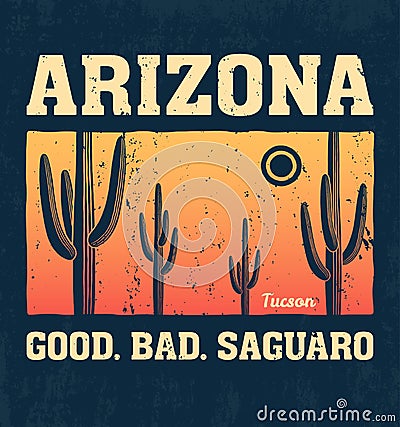 Arizona t-shirt design, print, typography, label with saguaro cactus. Vector Illustration