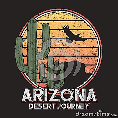 Arizona t-shirt typography with cactus, mountain and eagle. Vintage print for tee shirt graphics, slogan - desert journey. Vector Vector Illustration