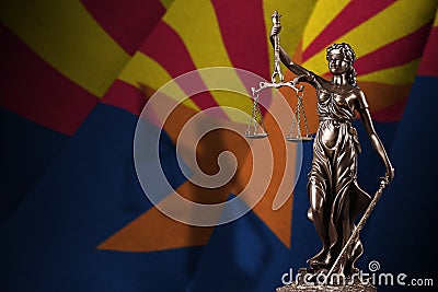 Arizona US state flag with statue of lady justice and judicial scales in dark room. Concept of judgement and punishment Stock Photo