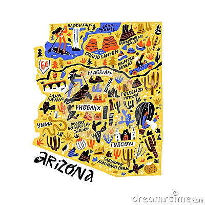 Arizona yellow map flat hand drawn vector illustration Vector Illustration