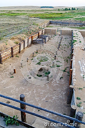 Archaeological site of the ancient fortified settlement of the Bronze Age Arkaim Editorial Stock Photo