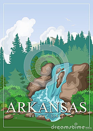 Arkansas american travel banner. Poster with landscapes Stock Photo