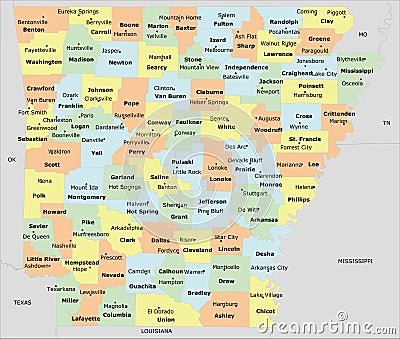 Arkansas county map with 75 counties Vector Illustration