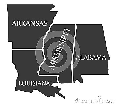 Arkansas - Louisiana - Mississippi - Alabama Map labelled black Cartoon Illustration
