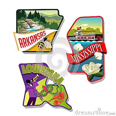 Arkansas Mississippi Louisiana illustrated sticker Vector Illustration