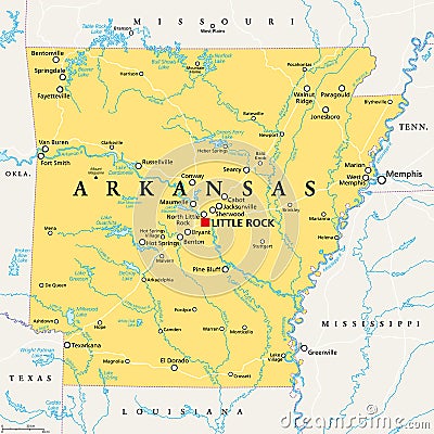 Arkansas, AR, political map, US state, nicknamed The Natural State Vector Illustration