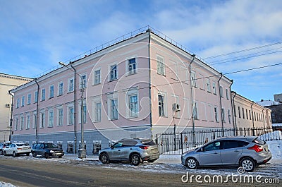 Arkhangelsk, Russia, February, 20, 2018. Cars near Maritime trade school of the early 19th century. Now - Federal research centre Editorial Stock Photo