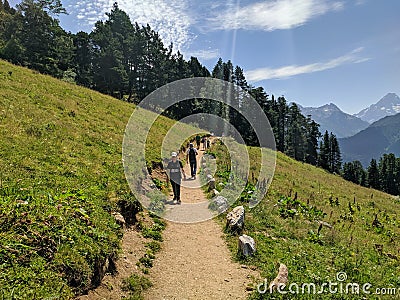 Arkhyz, Karachay-Cherkessia, Russia - August 21, 2022: View of the trail of romantics and the Caucasian mountains in the resort Editorial Stock Photo