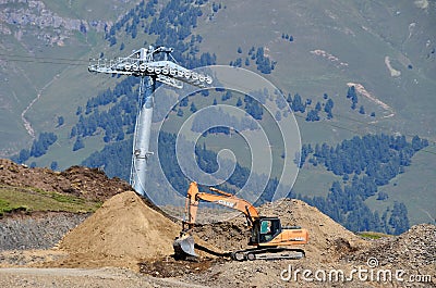 Arkhyz, Russia, Caucasus, September, 06, 2018. Excavator Case on the construction site of the ski resort `Romantic` in Arkhyz Editorial Stock Photo