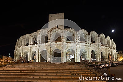 Arles Amphitheatre at night, France Editorial Stock Photo