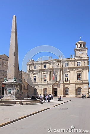 Arles Obelisk and town hall at Place de la RÃ©publique, France Editorial Stock Photo