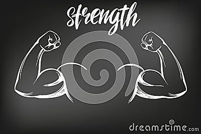 Arm, bicep, strong hand icon cartoon calligraphic text symbol hand drawn vector illustration sketch, drawn in chalk on a Vector Illustration