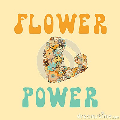 Arm with biceps made of different colorful hand drawn flowers and Flower Power Vector Illustration