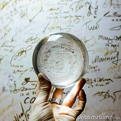 Arm holding the big transparent glass ball on the finger tips on the outdoor background Stock Photo