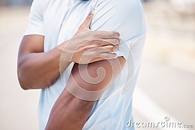 Arm pain, sport injury and person with muscle, inflammation and accident from fitness. Outdoor, athlete and injured Stock Photo