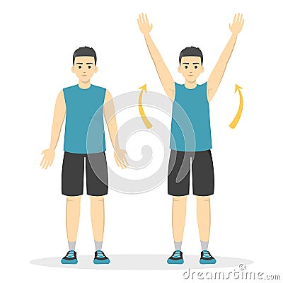 Arm raise exercise. Man in sport clothes doing warm-up Vector Illustration