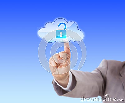 Arm Reaching To Touch Open Lock Icon In Cloud Stock Photo