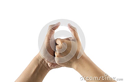 Arm wrestling between man and woman on white background Stock Photo