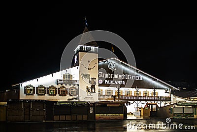 Armbrustschuetzenzelt at Oktoberfest during night in Munich, Ge Editorial Stock Photo