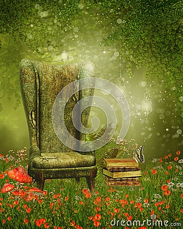 Armchair and books on a meadow Stock Photo