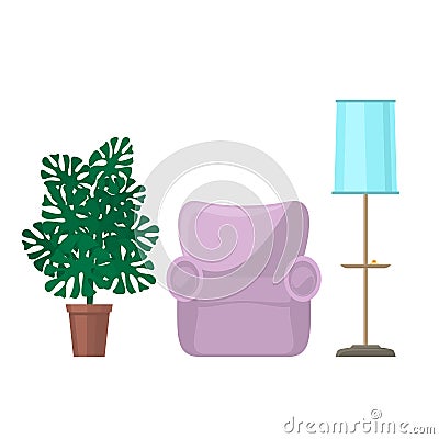 Armchair and floor lamp with monstera houseplant Vector Illustration