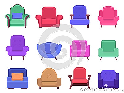 Armchair furniture. Armchair sofa, apartment interior comfortable furniture, modern cozy domestic chair vector isolated Vector Illustration