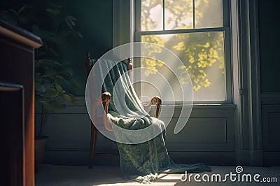 Armchair with plaid near window with overlooking tree. Generate ai Stock Photo