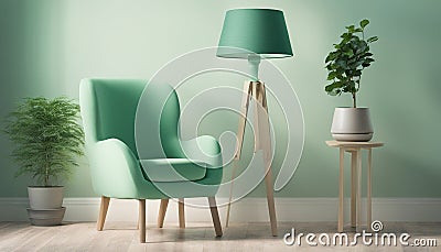 Armchair and potted plant in a room with mint lampshade Stock Photo