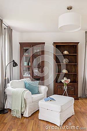 Armchair with pouf and stylish wooden display cases Stock Photo
