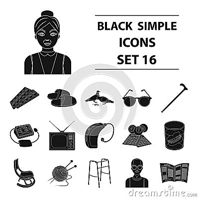 Armchair, slippers, tonometer and other attributes of old age.Old age set collection icons in black style vector symbol Vector Illustration