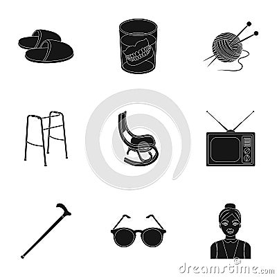 Armchair, slippers, tonometer and other attributes of old age.Old age set collection icons in black style vector symbol Vector Illustration