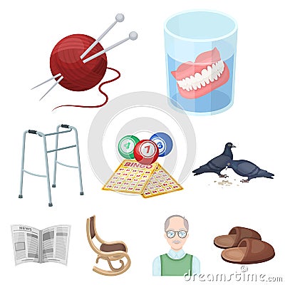 Armchair, slippers, tonometer and other attributes of old age.Old age set collection icons in cartoon style vector Vector Illustration