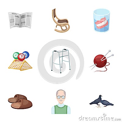 Armchair, slippers, tonometer and other attributes of old age.Old age set collection icons in cartoon style vector Vector Illustration