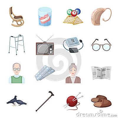 Armchair, slippers, tonometer and other attributes of old age.Old age set collection icons in cartoon style vector Vector Illustration