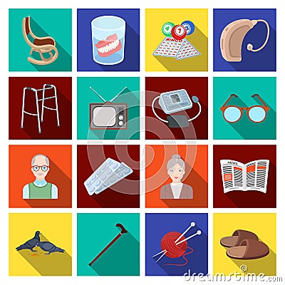 Armchair, slippers, tonometer and other attributes of old age.Old age set collection icons in flat style vector symbol Vector Illustration