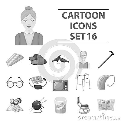 Armchair, slippers, tonometer and other attributes of old age.Old age set collection icons in monochrome style vector Vector Illustration