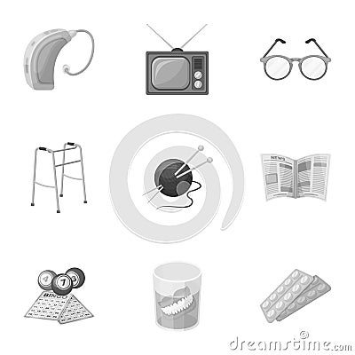 Armchair, slippers, tonometer and other attributes of old age. Old age set collection icons in monochrome style vector Vector Illustration