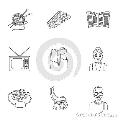 Armchair, slippers, tonometer and other attributes of old age.Old age set collection icons in outline style vector Vector Illustration