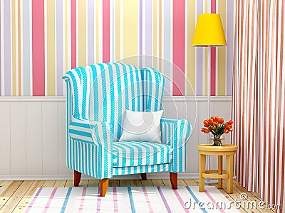 Armchair in striped cream interior Cartoon Illustration