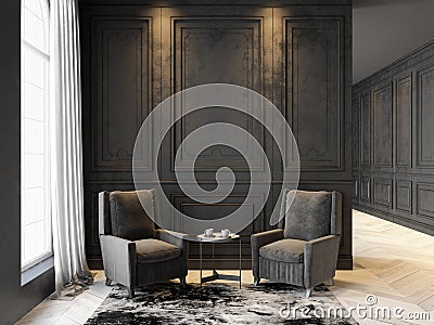 Armchairs and coffee table in classic black interior. Interior mock up. Stock Photo