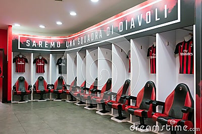 Armchairs for football players stand in a row in the dressing room in the dressing room at the Giuseppe Meazza or San Siro stadium Editorial Stock Photo