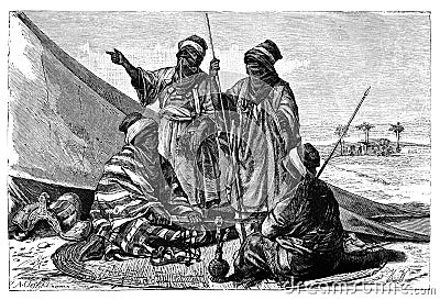 Armed Berber Tuareg Men.History and Culture of North Africa. Antique Vintage Illustration. 19th Century Cartoon Illustration